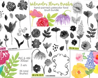 Floral Watercolor Brush Bundle, Digital Brushes, Stationery, INSTANT DOWNLOAD, CU, Printables, Collage, Scrapbooking, Card-Making, Flowers