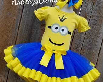 Minion Birthday Outfit, Minion Costume, Minion Birthday Dress, Minion Tutu, Ribbon Trim Tutu, Kevin the Minion, Sewn Costume