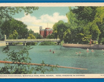 Vintage Linen Postcard - Swimming Near the Truckee River Bridge Below The Hotel Riverside in Reno Nevada (2355)