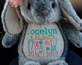Bunny PLUSH GRAY rabbit stuffie custom stuffed animal. Embroidered, personalized tummy. Newborn, or a gift for someone left behind.