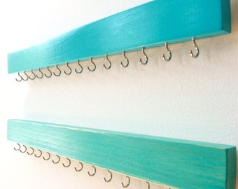 Jewelry Organizer - Necklace Holder Wall - Turquoise - Wood Jewelry Holder - Minimalist - Key Hanger - Wood Necklace Hanger