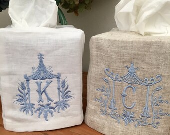 Monogrammed Tissue Box Cover Linen-Pagoda with initial-monogrammed gift-personalized gift