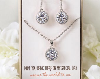 Mother of the Groom Jewelry Set, Silver Earring Necklace Set, Mother of the Bride Jewelry Set, Silver Bridal Party Wedding Jewelry N557S