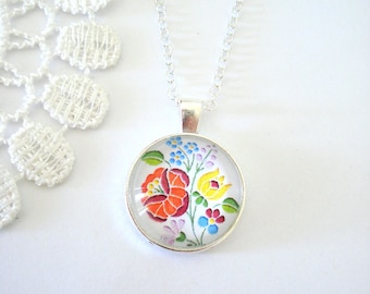 Hungarian Embroidery Necklace, Folk Art Necklace, Floral Pendant, Colourful Bohemian Necklace, Gift for Her