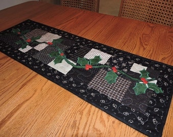 Quilted Scrappy Table Runner in all Blacks and Creams or Tans with Appliqued Holly and Berries 36" x 12"