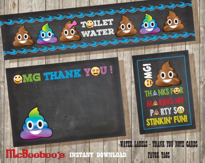 Emoji Poop Thank you note cards/ Favor tags &amp; Water labels/