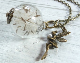 Echte Pusteblume mit gläserne Kette mit Elfe vintage Kette lang