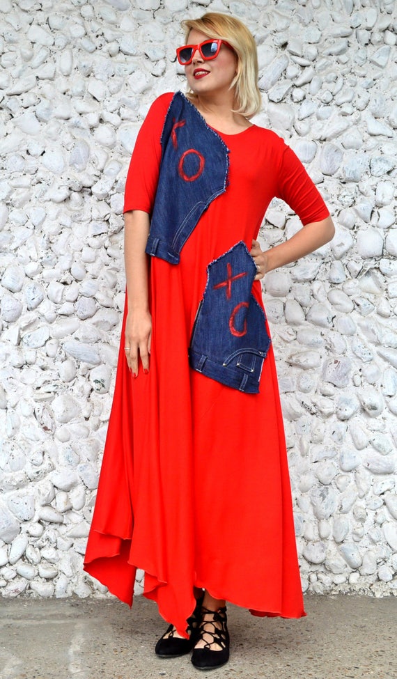 Extravagant Red Dress Long Flared Red Dress with Denim Hand