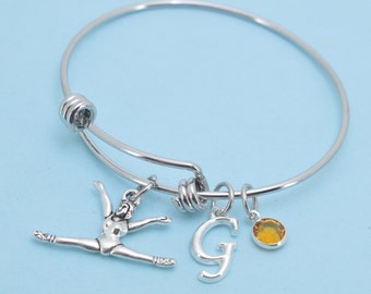 Little Girl's Gymnastics Bangle Bracelet in silver tones. Little girls jewelry. Gymnastics bracelet.