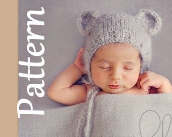 Baby Bear Bonnet Knitting PATTERN - Newborn bonnet pattern -Photography prop pattern - Baby hat pattern - newborn bear bonnet pattern