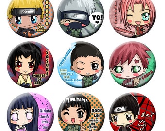 Naruto, Kakashi, Gaara, Sasuke, Sakura, Shikamaru, Sai, Hinata, Rock Lee, Button Set, Naruto Button Set, Naruto Chibis,