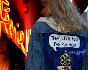 Handmade denim jacket BAD MANNERS painted and embroidered jacket - Joyfripe Paris