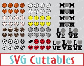 Sports Balls SVG Love / Mom Vector set, Baseball, Football, Hockey, Soccer, Tennis, Golf, Digital Cut File
