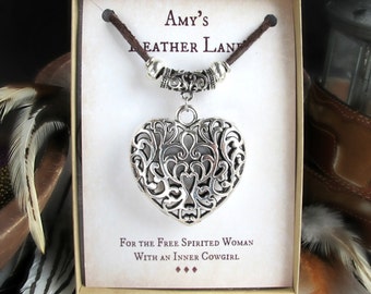 Heart Necklace-Mothers Day Gift-Gift for Mom-Leather Necklace-Heart Jewelry-Statement Necklace-Long Leather Cord Necklace-Gift For Her