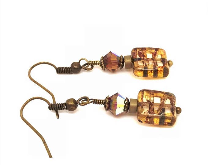 Brown brass boho, Bohemian brown earrings, simple brown earrings, light brown earrings, boho brown dangle, brown rustic earrings, square