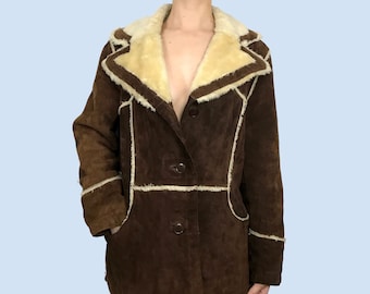Vintage Leather Coat~Size Small/Medium~60s 70s 80s Style~Brown Genuine Leather Suede~Faux Fur Lined Jacket~By Bottom Line