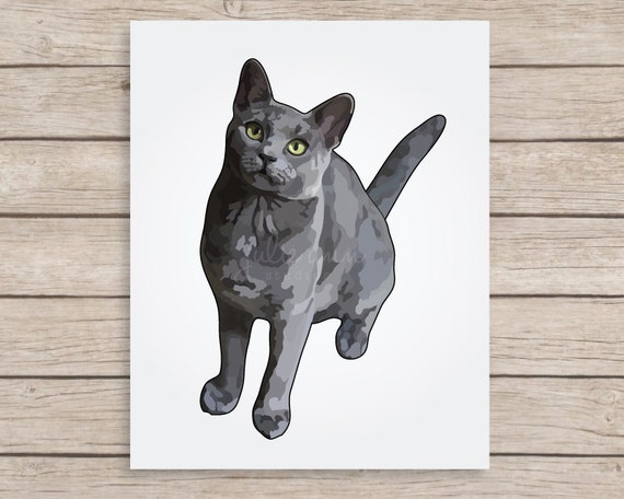 Russian Blue Cat Art Print Cat Painting Russian Blue Gift