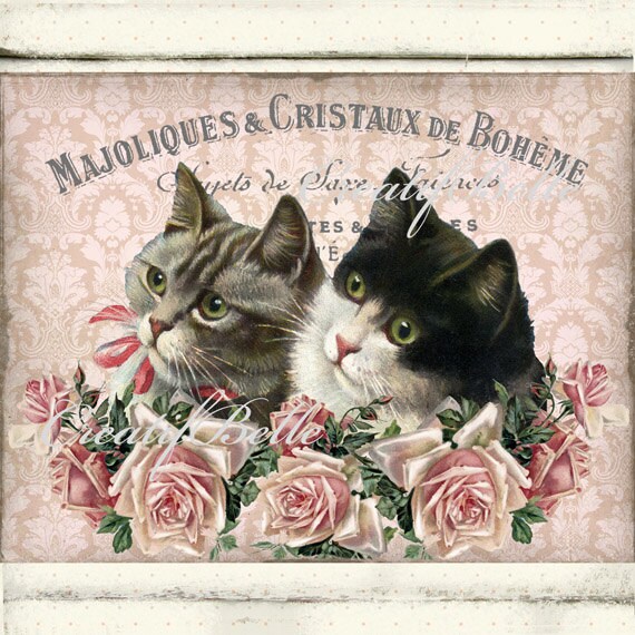 French Shabby  Chic  Victorian Cats  and Roses Large Image
