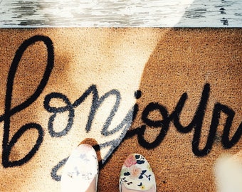 Hello Doormat | Bonjour Doormat | Welcome Mat | Cute Doormat | Housewarming Gift | Wedding Gift | Outdoor Mat | Coir Doormat