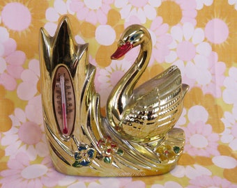 Vintage 1960s kitsch swan souvenir thermometer vase - gold lustreware - Toowoomba Queensland