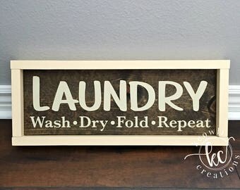 LAUNDRY Wash, Dry, Fold, Repeat wood sign-framed, Ready to Ship, 17.5x7