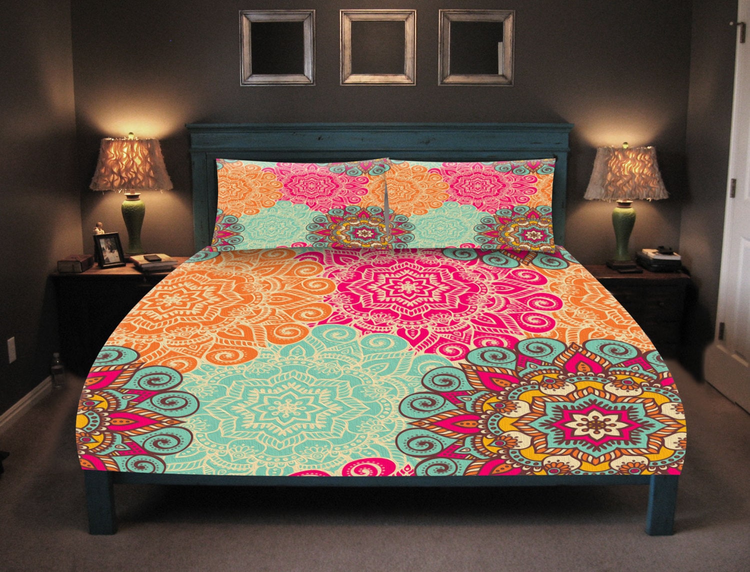 Boho Chic Bedding Duvet Cover Set Coral Turquoise Pink