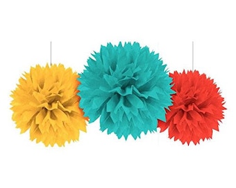 On Sale! Set Of 3 Large 16 Inch Yellow, Blue & Red Fluffy Tissue Ball Decorations - Candy Buffet Backdrop - Fun Fiesta Party Decor!