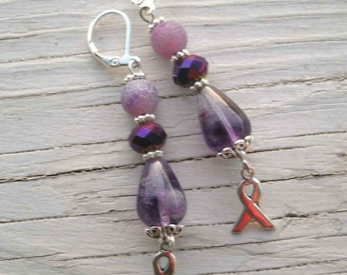Amethyst Awareness Earrings, silver awareness charms, leverback earrings, Amethyst Teardrop beads, crystal beads, agate beads, purple