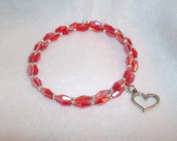 Heart charm jewelry set, Red AB Crystal/ Rose Quartz , red AB crystal , Rose Quartz chip beads, earrings, memory wire bracelet, gift 4 her