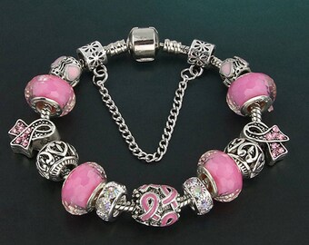 Charming Silver-Plated Pandora-style Charm Bracelet with Pink Ribbon and Pink Glass Beads for Breast Cancer Awareness