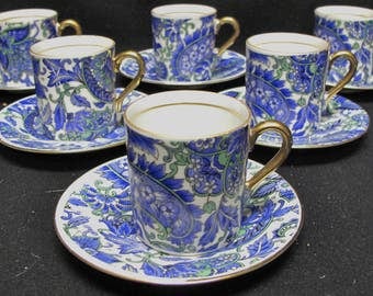 Set of SIX Arnart Royal Paisley Blue and White Demitasse Cup and Saucer Set