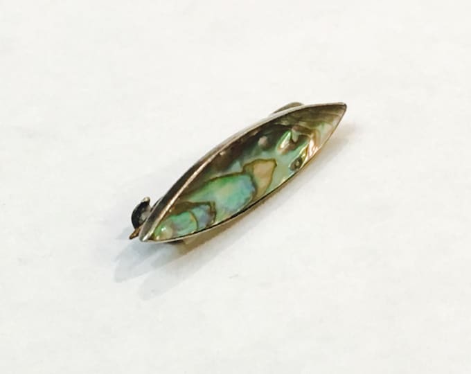 Storewide 25% Off SALE Vintage Sterling Silver Abalone Inlaid Designer Elongated Brooch Pin Featuring Elegant Finishing