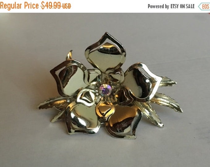 Storewide 25% Off SALE Vintage Gold Washed Style Oversized Gardenia Flower Brooch Pin Featuring Aura Borealis Rhinestone Center