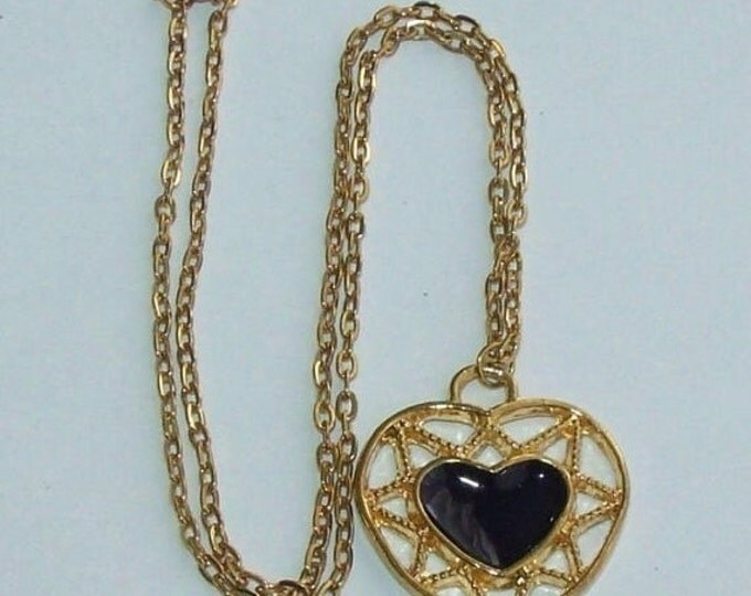 Storewide 25% Off SALE Beautiful Vintage Gold Tone Framed Black Enamel Heart Shaped Pendant Necklace Featuring a Large Onyx Styled Center Fo