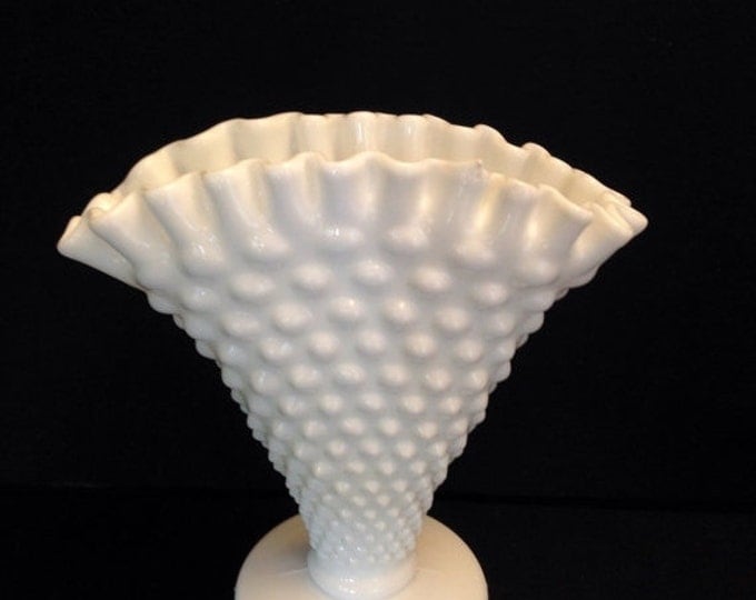 Storewide 25% Off SALE Vintage Fenton Milky White Hobnail Glass Tapered Fan Vase Featuring Classic Fenton Studded Design And Style