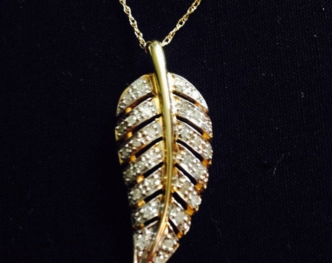 Storewide 25% Off SALE Vintage 10k Yellow Gold Diamond Encrusted Designer Leaf Pendant With Matching Necklace Featuring Beautiful Channel Se
