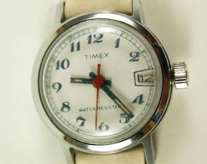 Storewide 25% Off SALE Retro Vintage Ladies Timex Mechanical Water Resistant Watch & Original English White Leather Band and Red Movement