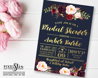 Navy Bridal Shower Invitation, Dark and Chic Gold Foil, Floral Wedding Shower, Couples Shower, Marsala, Burgundy, Eggplant, PRINTABLE