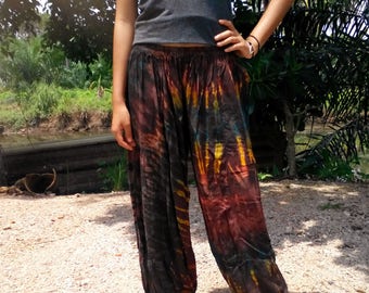 Ladies Tie Dye Pants - Balloon Pants, Yoga, Gym, Beach. Elasticated Waist. Brown Mix