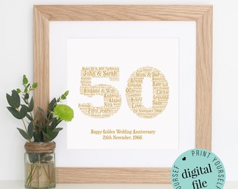Personalised 50th ANNIVERSARY GIFT - Word Art - Gold Anniversary - 50th Wedding Anniversary Gifts - Gifts for Parents - Anniversary Card