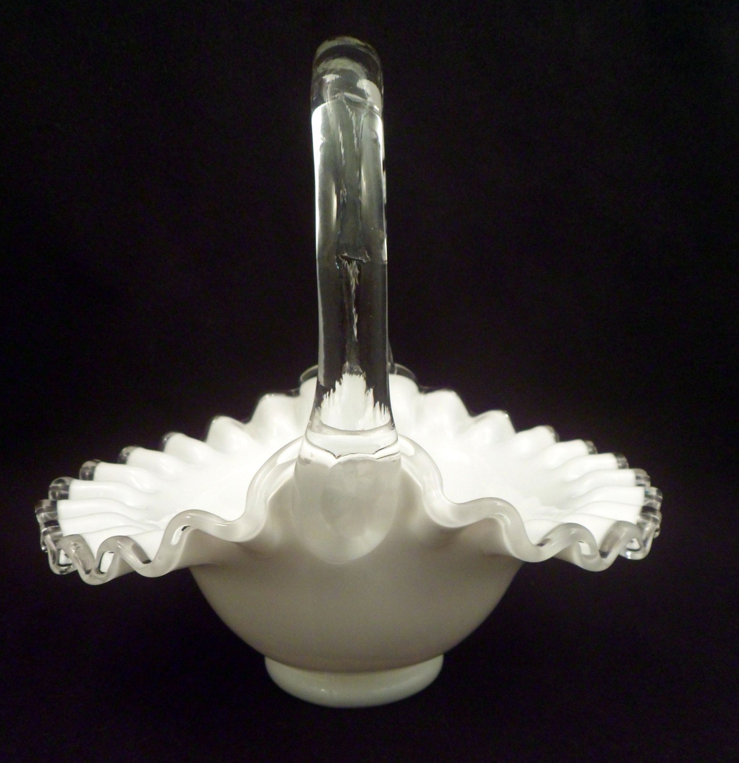 Marked Fenton White Art Glass Basket Clear Handle and Rim