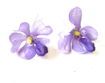 2x Lilac Purple Vanda Orchid Flower Hair Pins Tropical Rockabilly Clip Vtg 1278