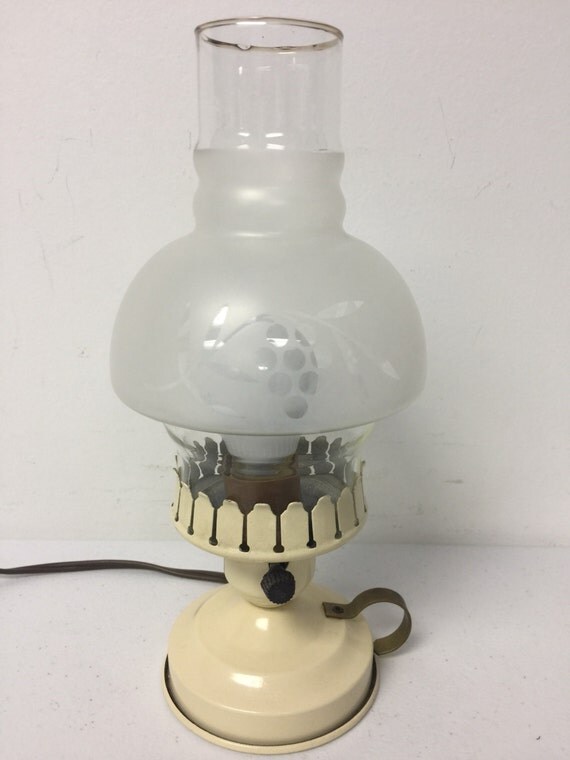 Vintage Small Electric Hurricane Lamp Biege Fixture Frosted