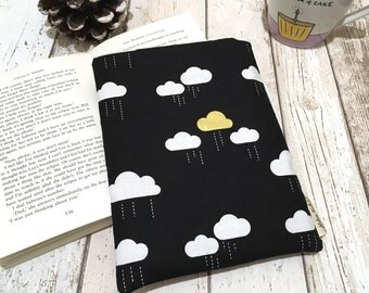 Metallic Cloud Book Buddy®, Small Medium Book Sleeve, Book Lover Gift, Rainy Day Book Pouch, Paperback Cover, Black Gold Bookworm Bag