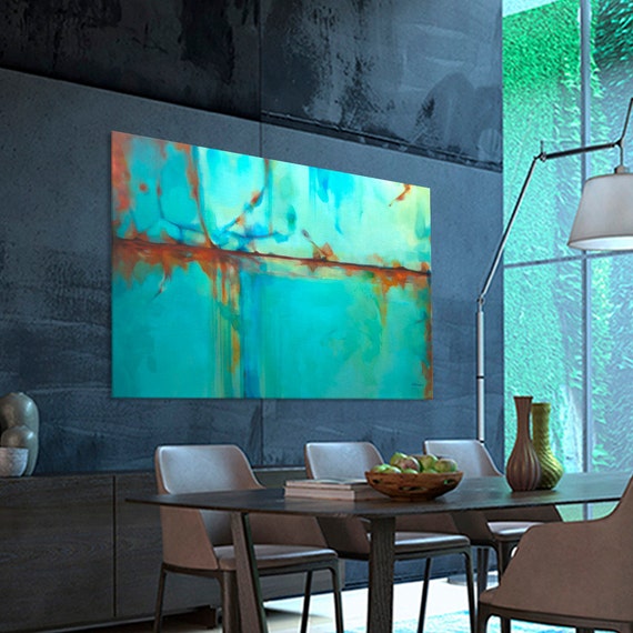 Abstract painting Large Turquoise Blue Green Orange moderne