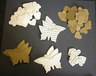 140 punch hearts, mixed butterflies - recycled vintage french book pages - decor fete, birthday, marriage, scrapbooking