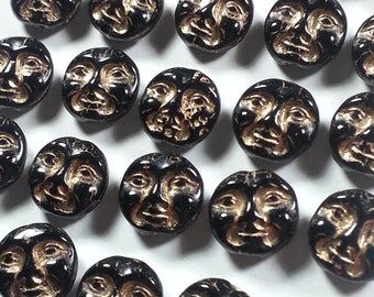 28 Pcs Czech Glass 9mm Moon Face Beads....Black Highlighted in Gold