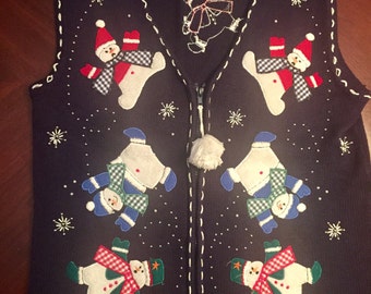 Fabulous Vintage Knitted Ugly Christmas Sweater Vest, Tacky Snowman Vest, Woman's Medium, Zip Up Vest, Beaded Snowflakes, Clean!