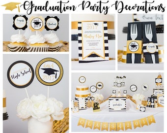 Graduation Party Decorations - Printable Graduation Party - Gold Black Graduation Party Decorations by Printable Studio