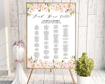Peony Alphabetical Seating Chart Template, Printable Floral Wedding Seating Plan, up to 300 guests, 24x36 Large Poster, PDF Download #104